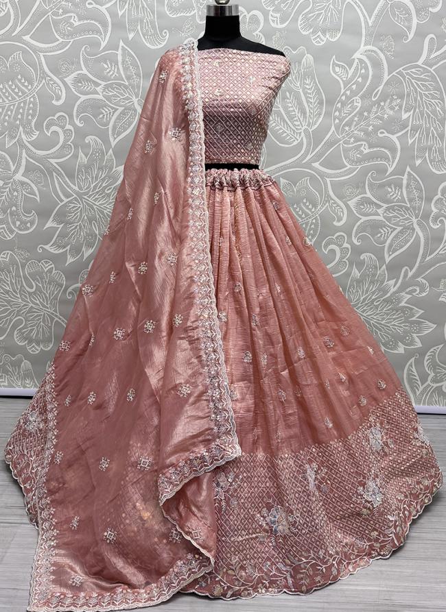 Gold Crush Peach Pink Wedding Wear Embroidery Work Lehenga Choli